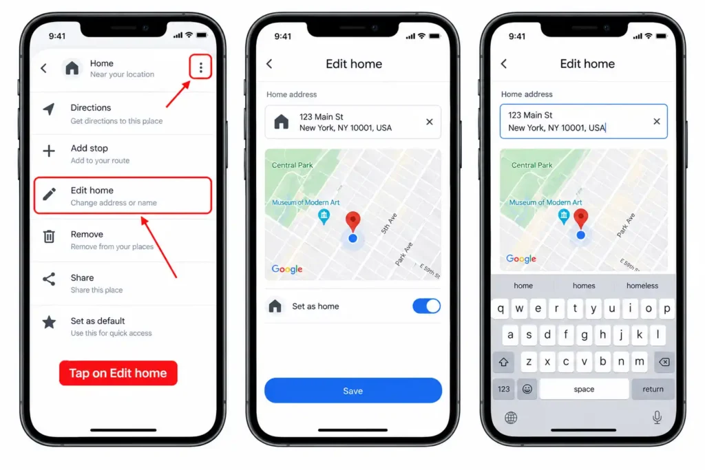 Edit home option in Google Maps on iPhone